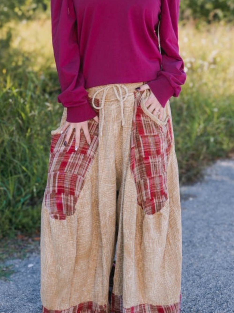 PAPER LACE Boho Wide-Leg Patchwork Pants in Tan and Red Plaid SMALL - Picture 2 of 7
